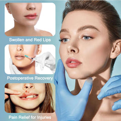 Generic lip ice pack label detail showing material and safety info for user confidence benefit