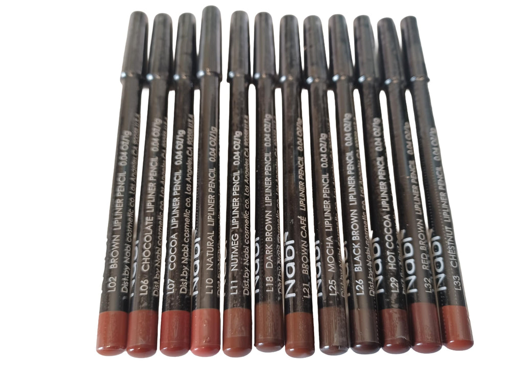 Generic 12-piece lip liner set front packaging showing assorted brown shades for versatile looks