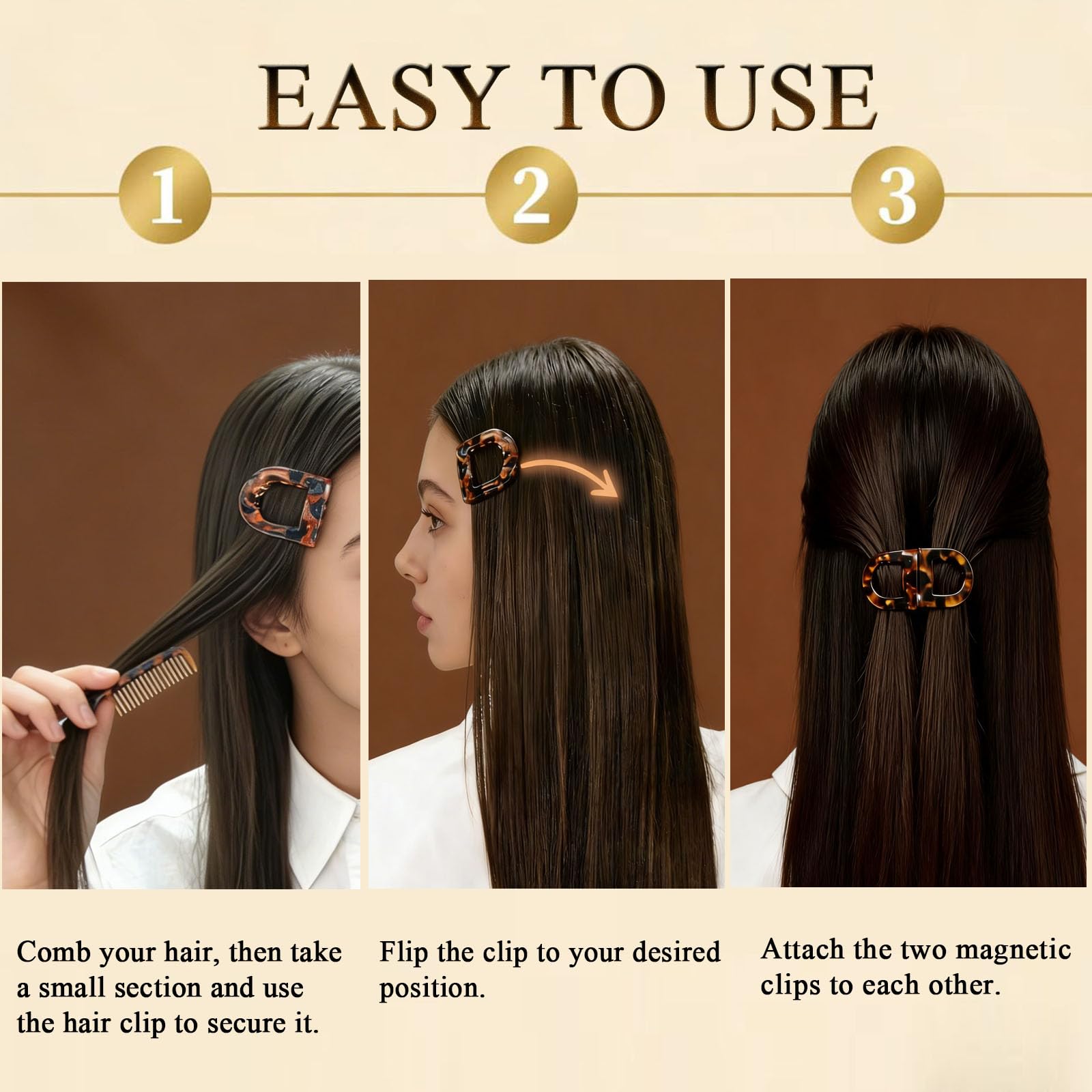 Generic magnetic hair clip worn in half-up style for polished look