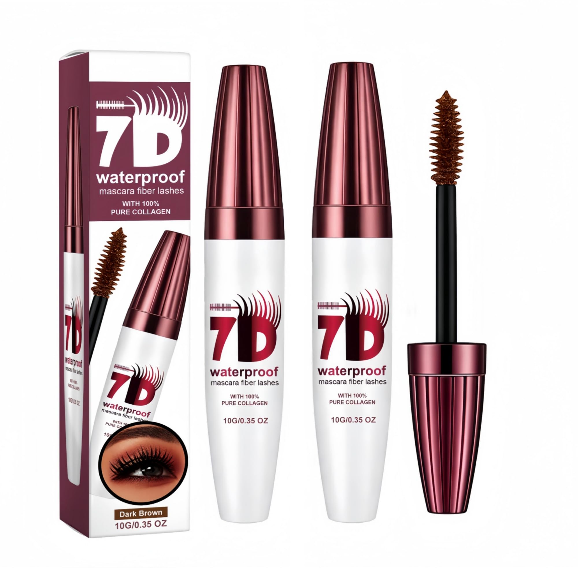 Generic waterproof mascara front packaging shows dark brown shade and two tubes, convenient backup