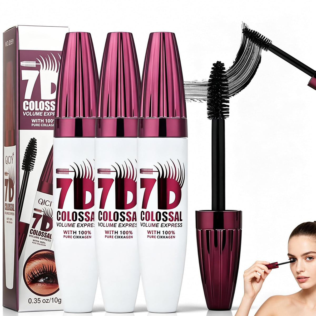Generic mascara front packaging showing three tubes and product benefits