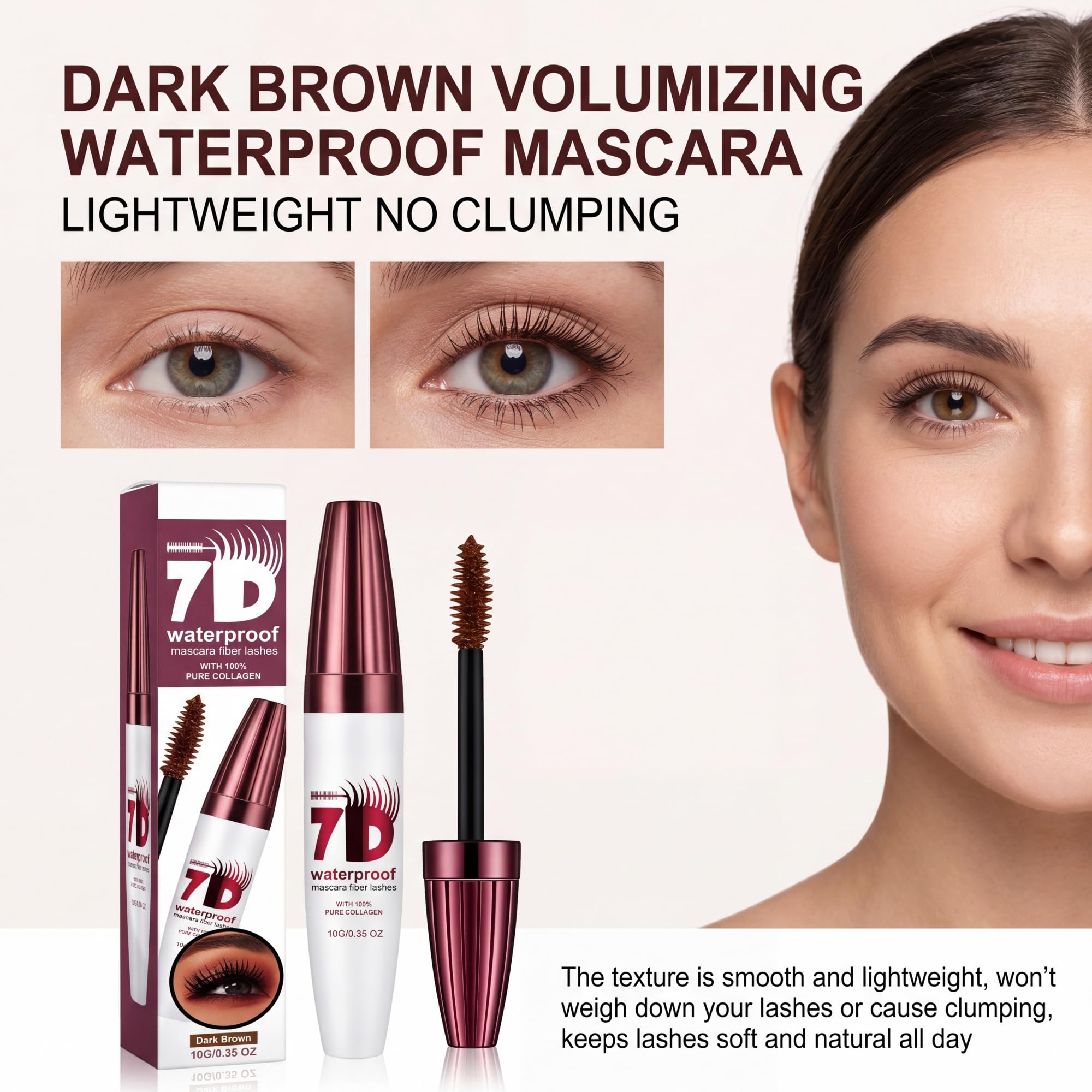 Generic mascara wand close-up shows precision bristles lifting lashes for defined volume