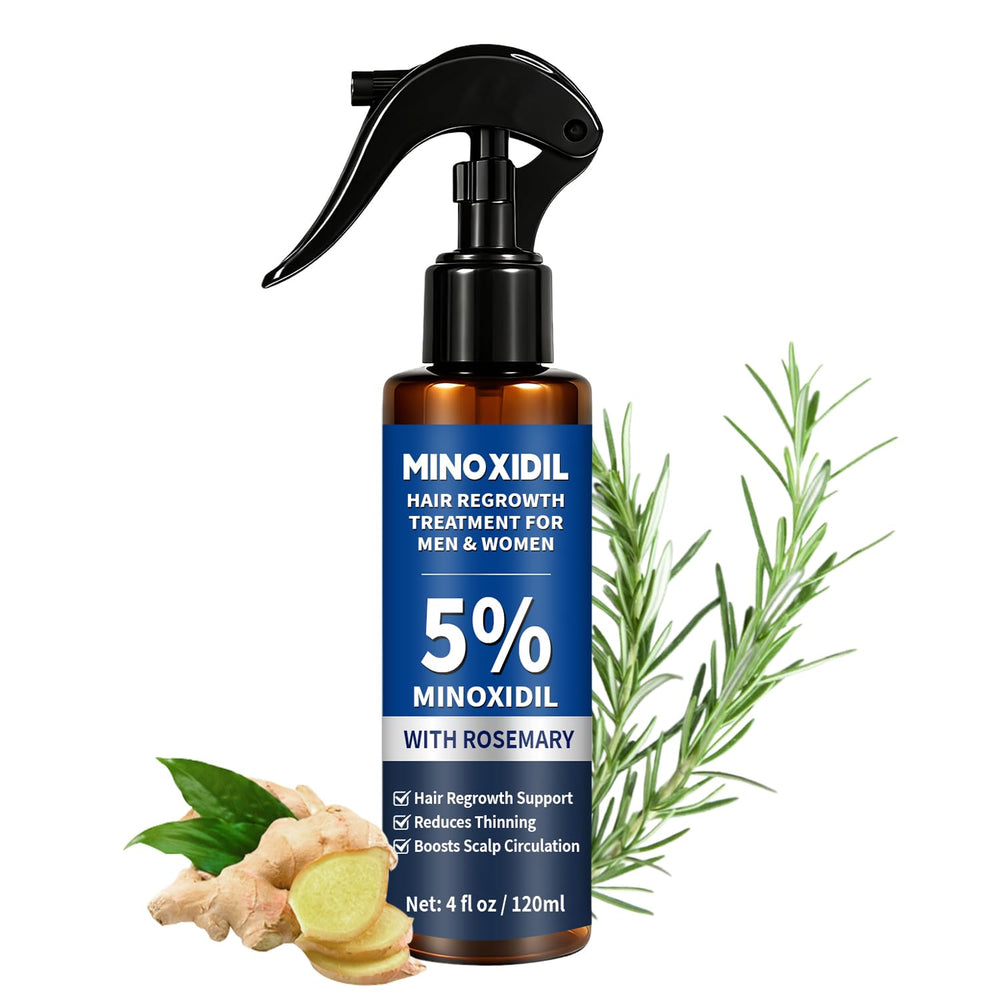 Generic 5% Minoxidil spray front packaging showing product benefit of targeted regrowth