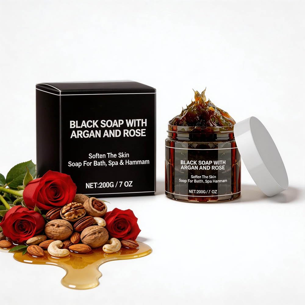 Generic Moroccan black soap front packaging showing product benefits and brand