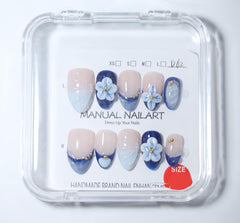 Generic worn press-on nails on hands demonstrating comfortable short almond shape and practicality