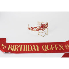 Generic packaging and contents displaying tiara, sash, and included accessories for gifting