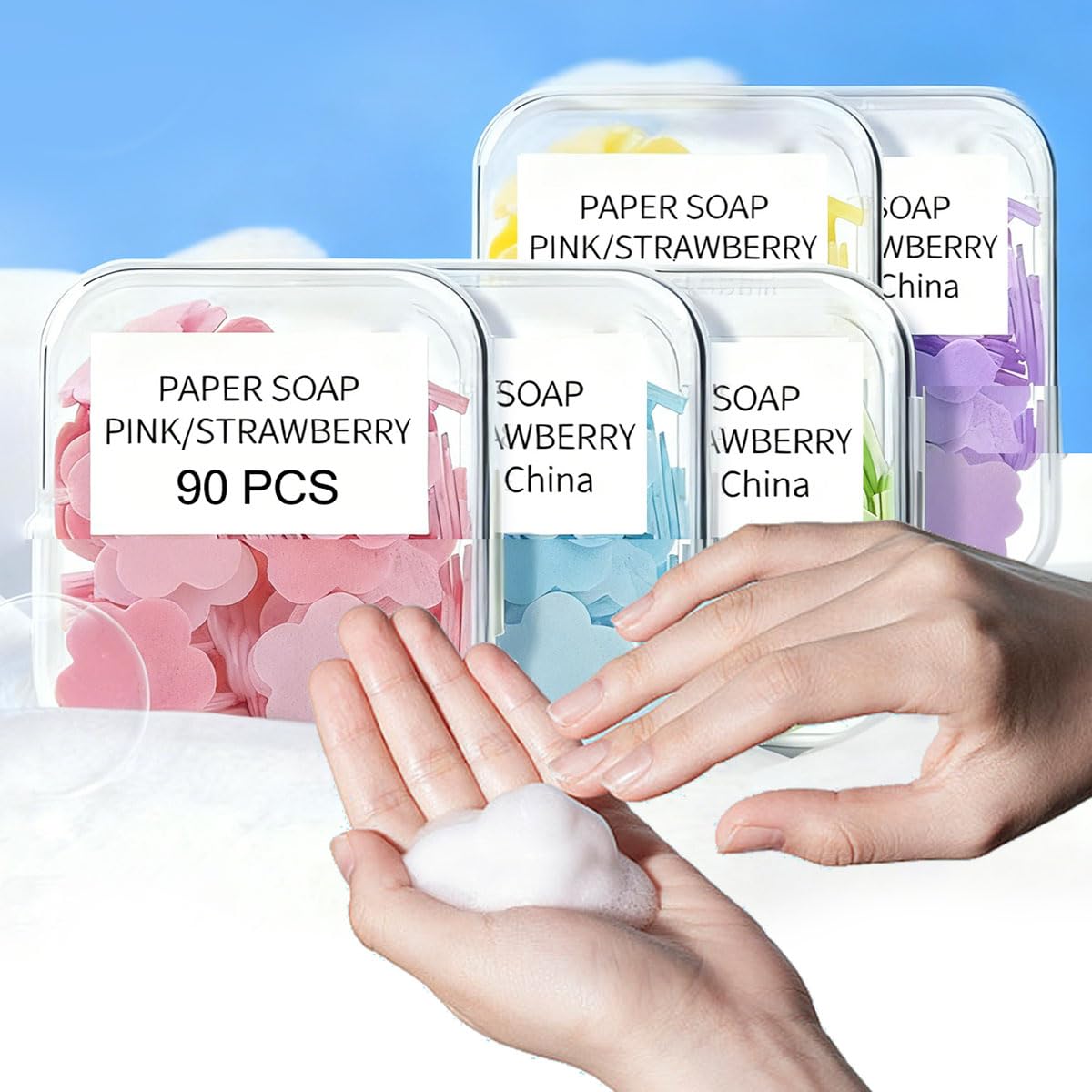 Generic brand color swatches and sheets arranged, identifies scent and variety