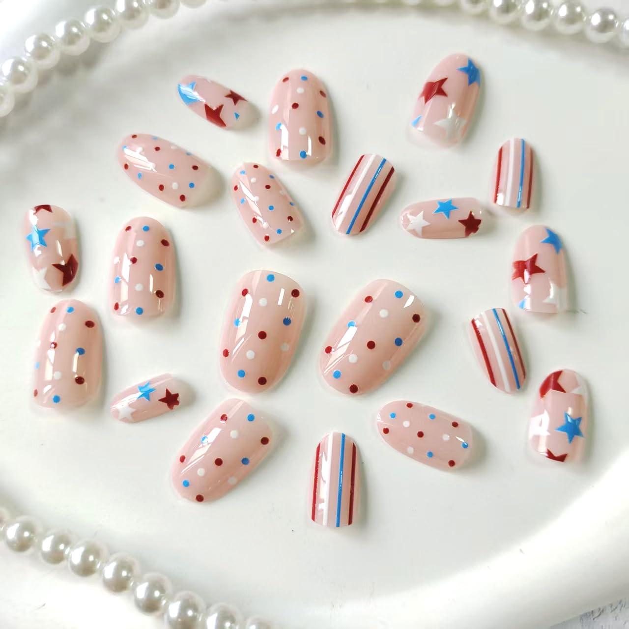 Generic detailed shot of red blue stars and polka dots designs for festive styling benefit
