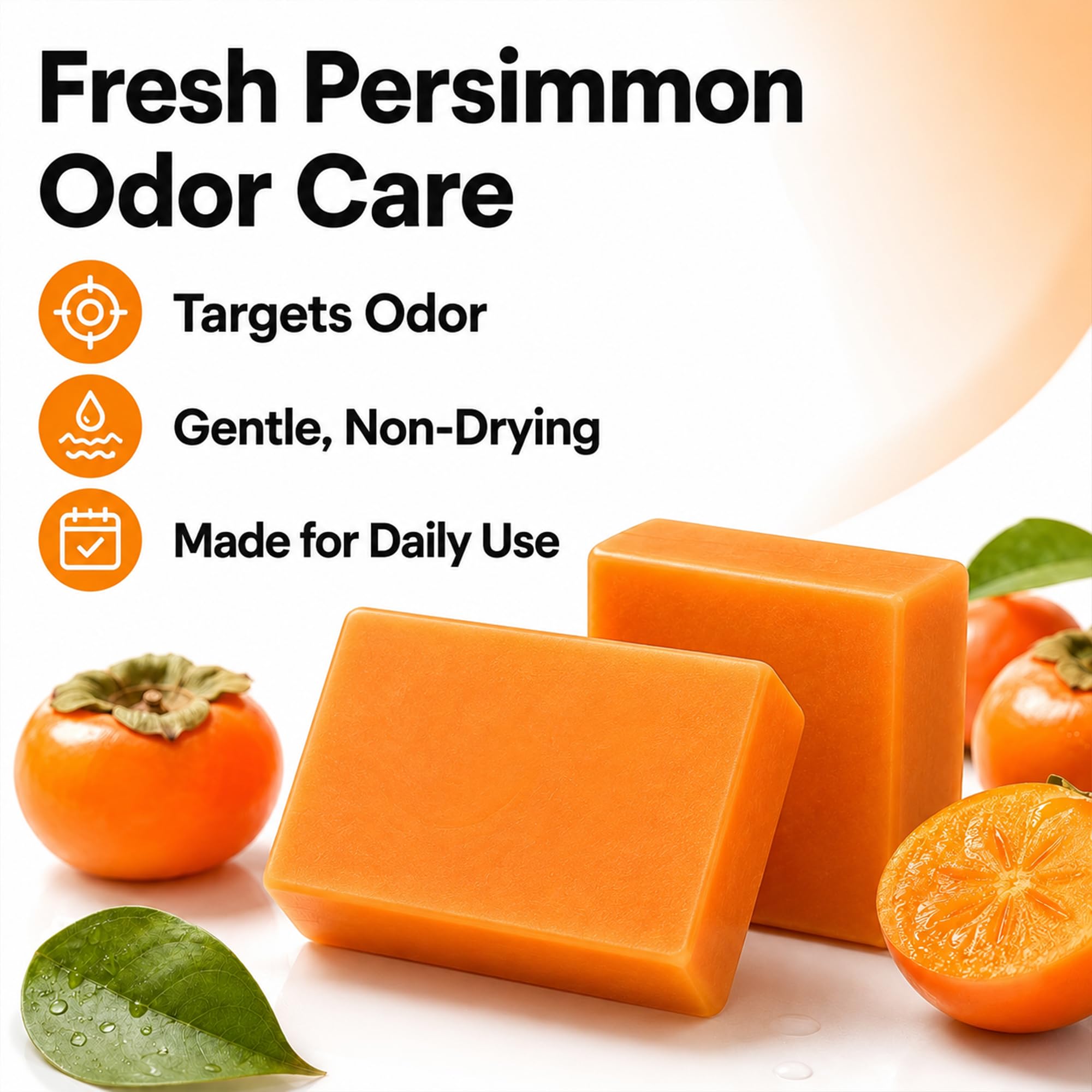Generic persimmon soap bars next to foaming net, easy lathering and extended use