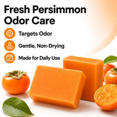 Generic persimmon soap bars next to foaming net, easy lathering and extended use