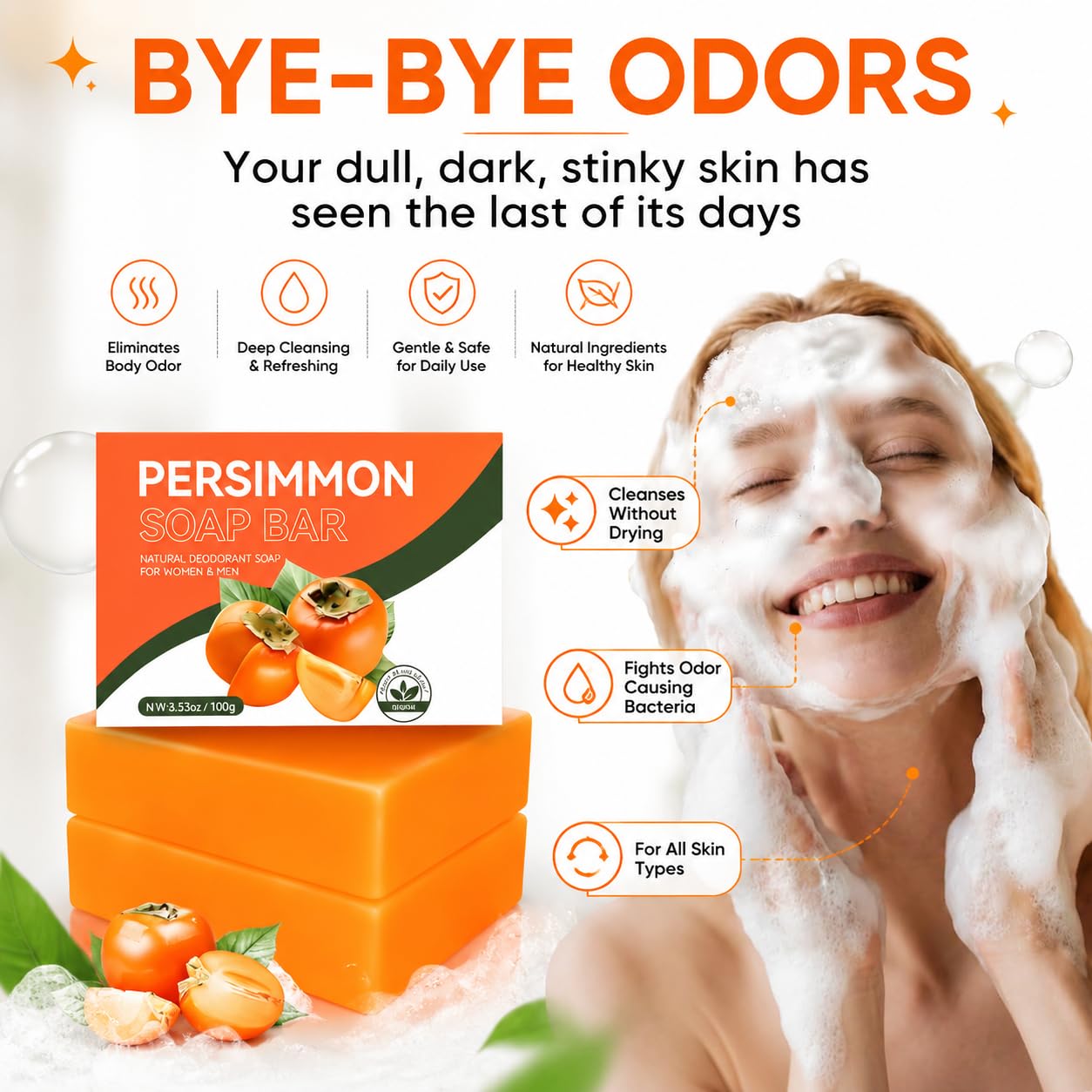 Generic persimmon soap close-up texture highlights natural glycerin and smooth lather