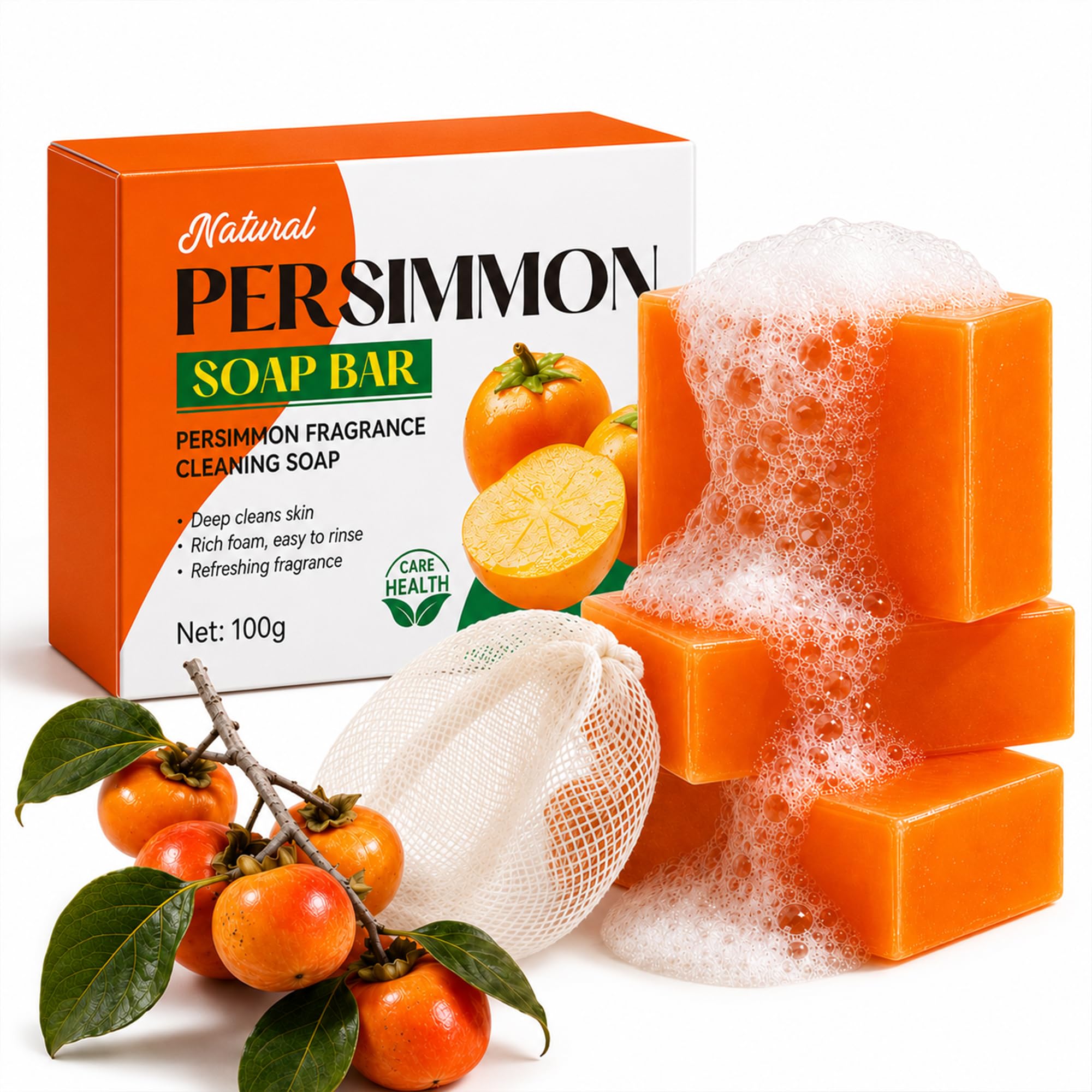 Generic persimmon soap front packaging shows three bars and foaming net, gentle odor control