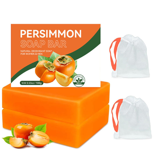 Generic persimmon soap front packaging shows two bars and travel convenience