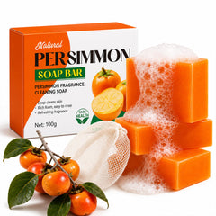 Generic persimmon soap front packaging shows three bars and foaming net, gentle odor control