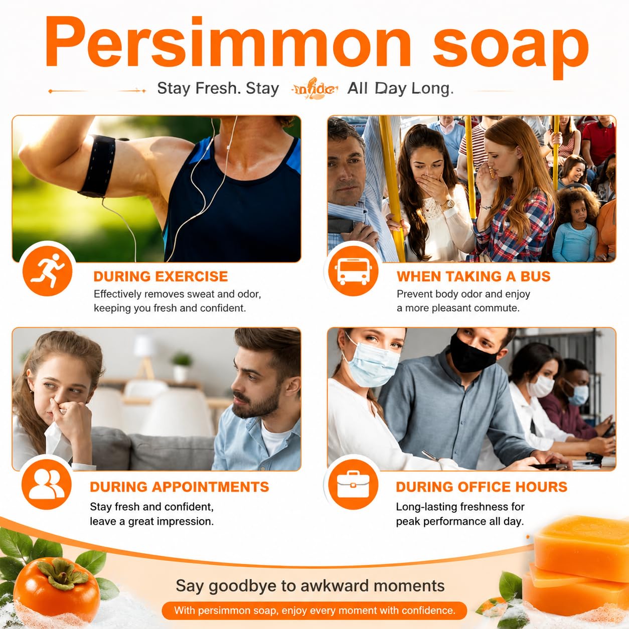 Generic persimmon soap on bathroom counter with towel conveying daily routine