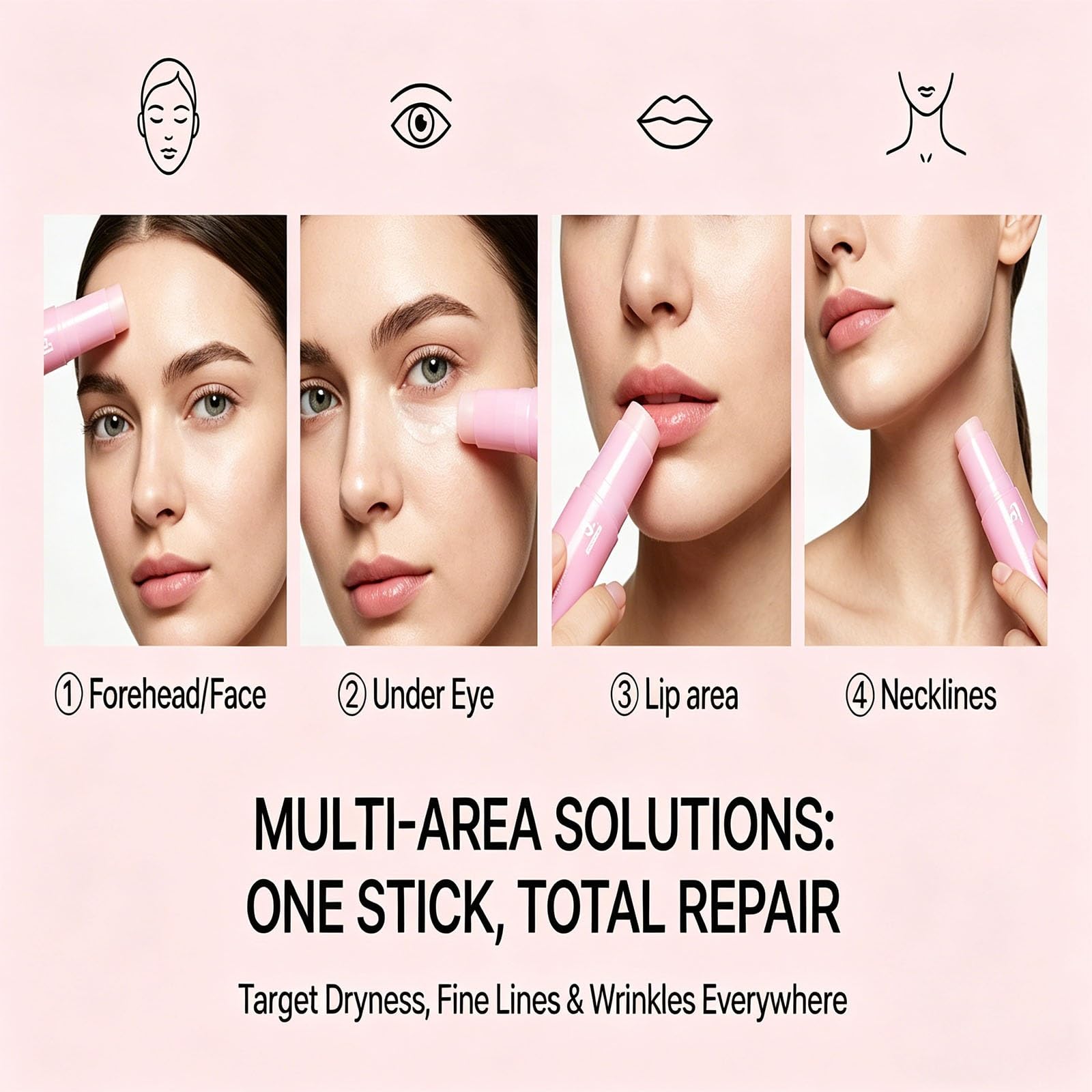 Generic pink collagen stick application on cheek demonstrates targeted moisturizing and shine