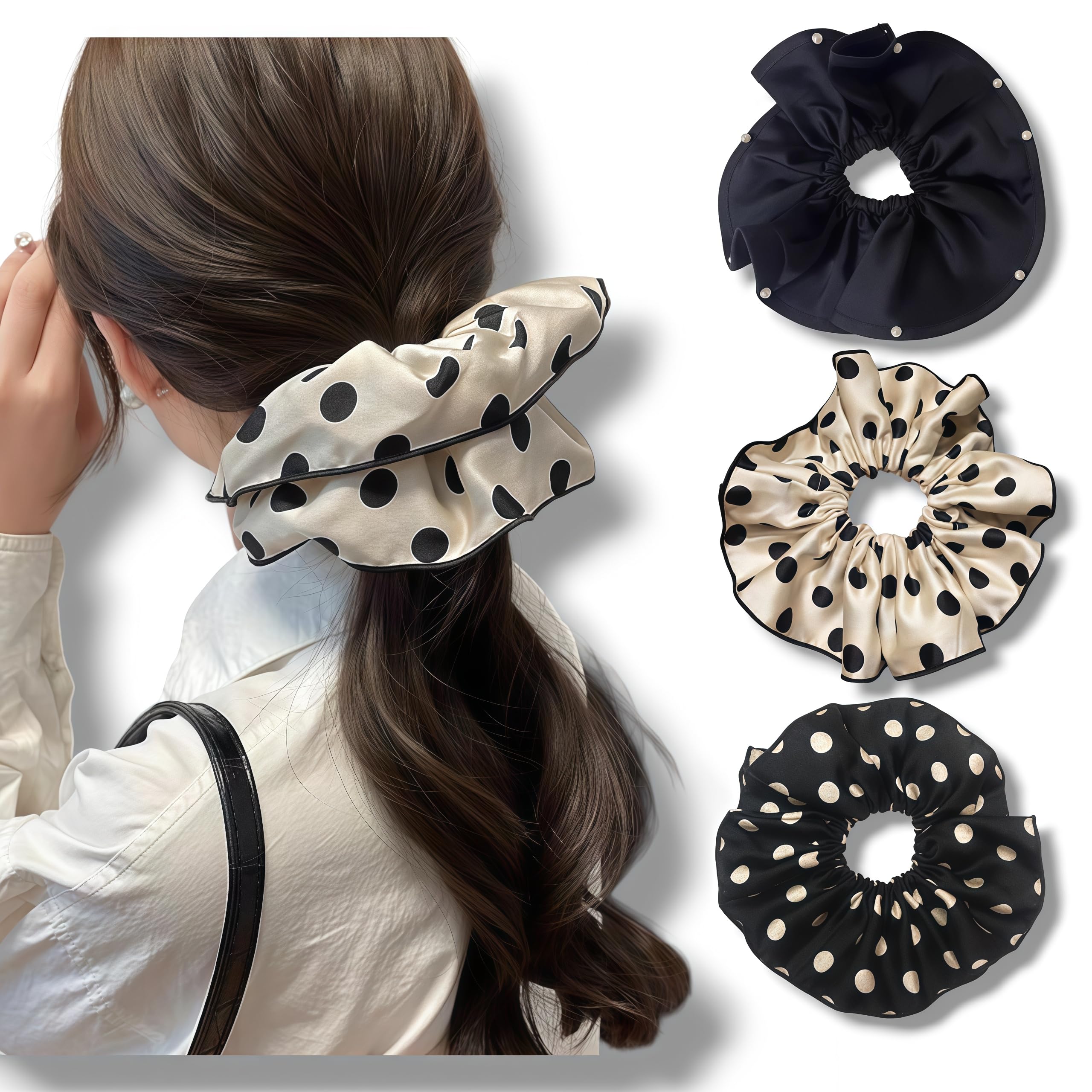 Generic close-up of black-and-white polka dot satin showing pattern clarity and charm