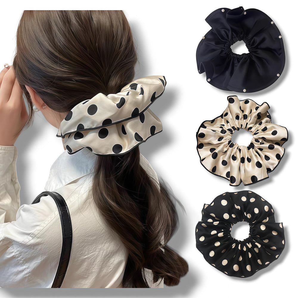 Generic close-up of black-and-white polka dot satin showing pattern clarity and charm