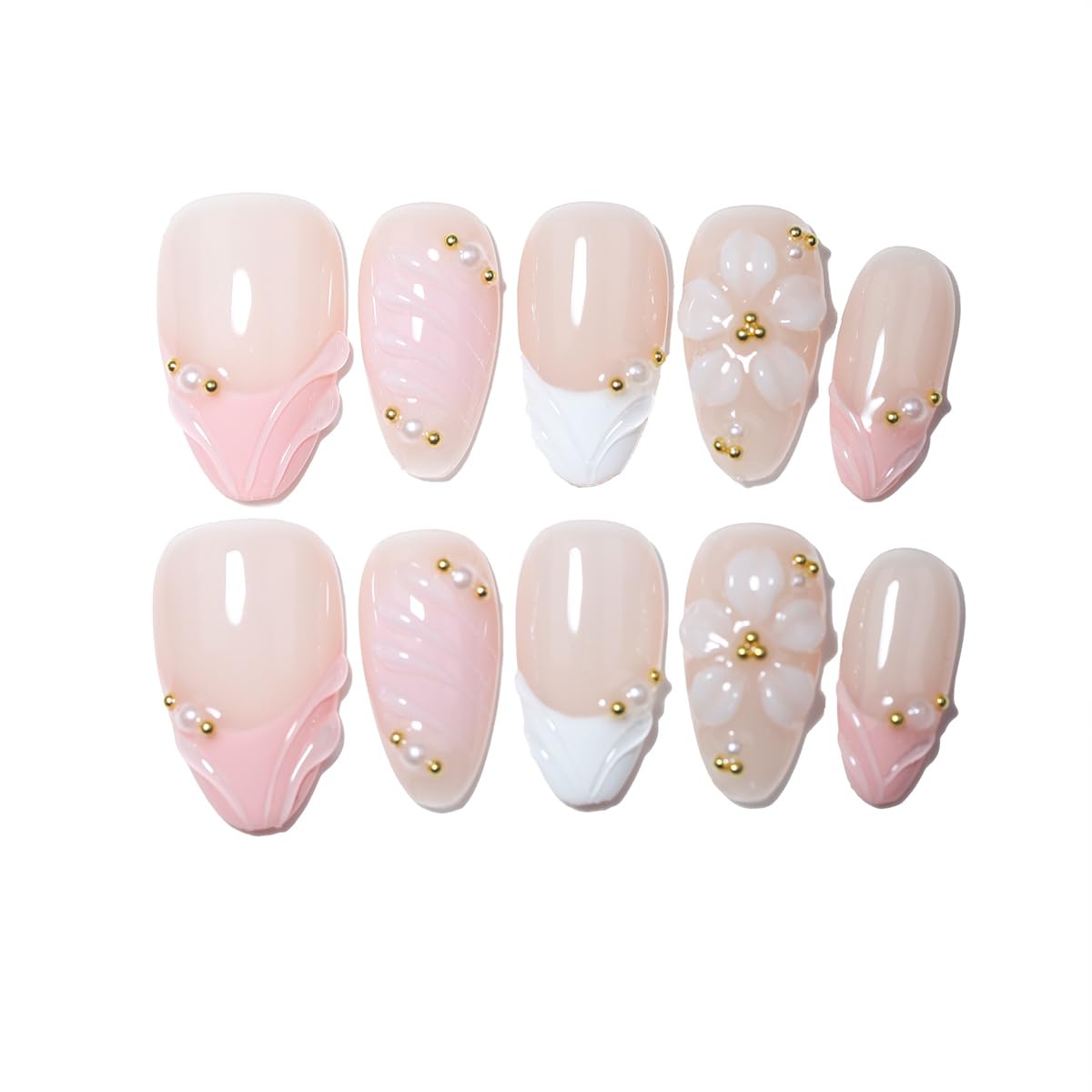 Generic brand front packaging showing elegant nude-blue nail set and accessories benefit: ready-to-wear