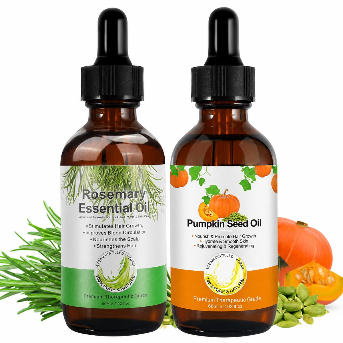 Generic pumpkin seed oil front packaging showing label and bottle, highlights purity