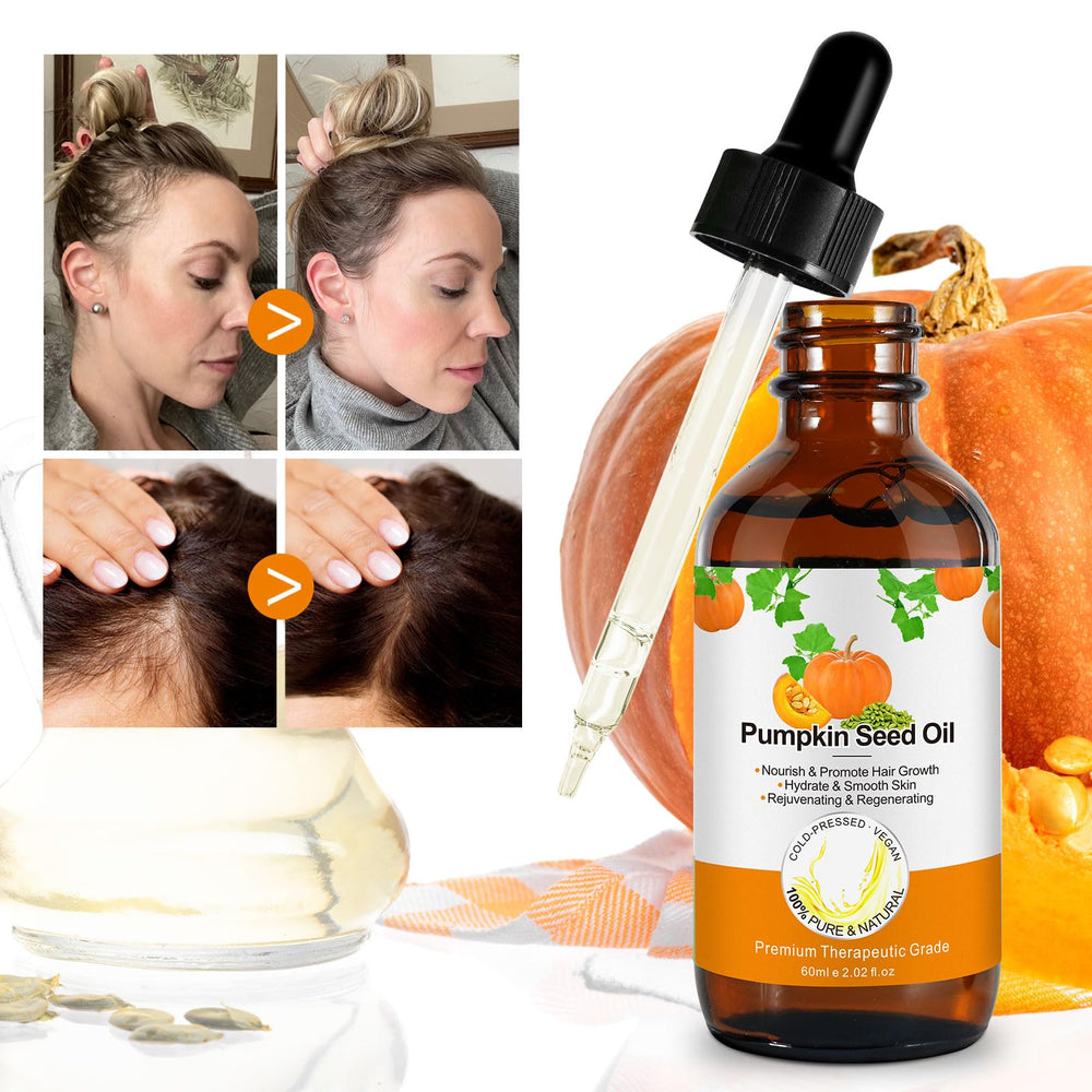 Generic pumpkin seed oil applied to hair demonstrating smoothing and conditioning effect
