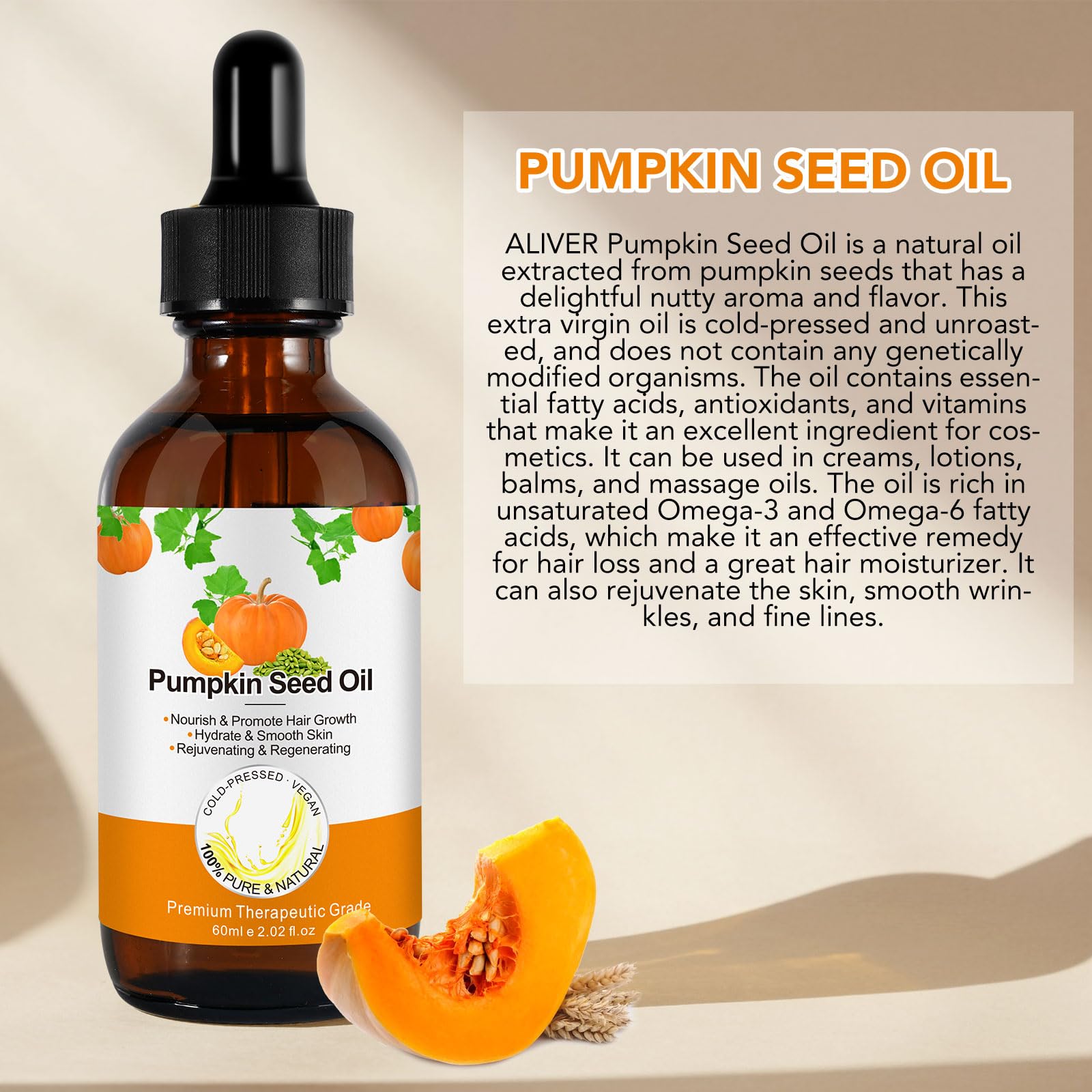Generic pumpkin seed oil texture close-up highlighting lightweight absorption benefit