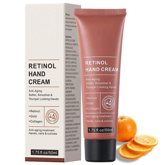 Generic retinol hand cream front tube showing product and brand for easy identification and soft skin benefit