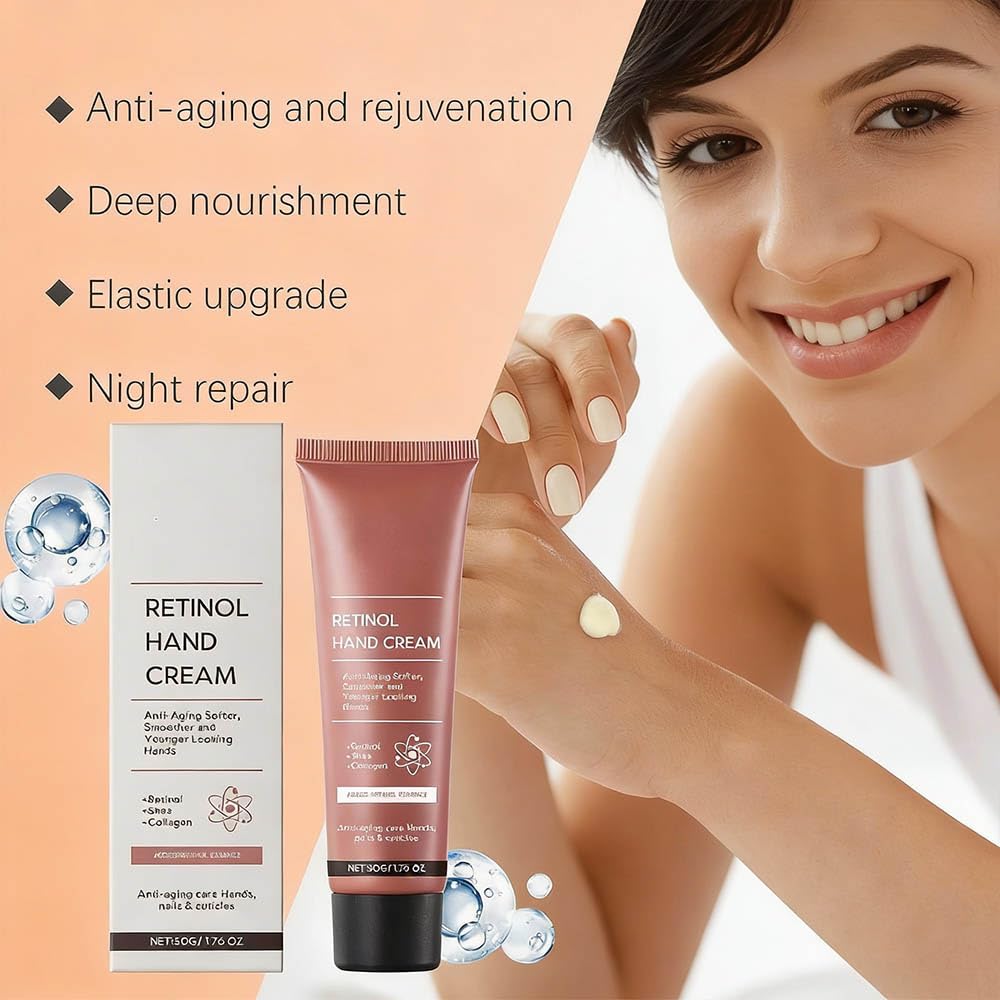 Generic retinol hand cream applied to nails and cuticles to nourish and strengthen