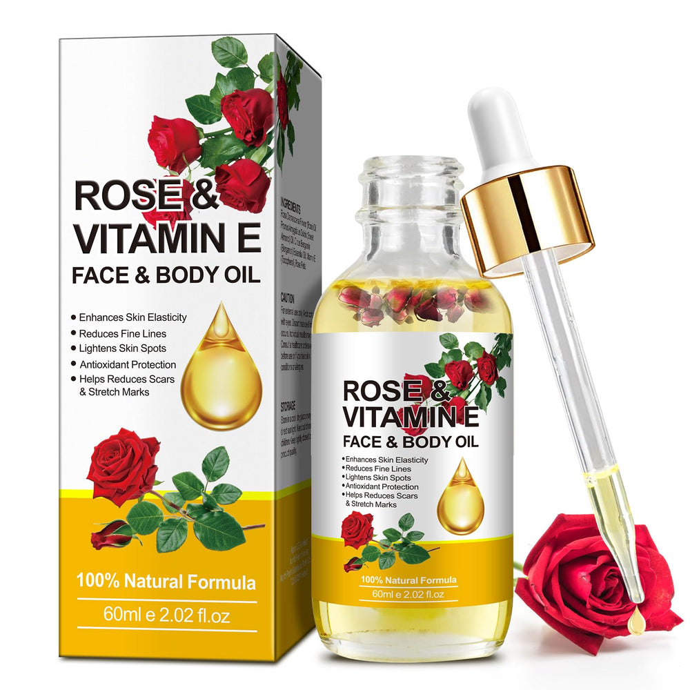 Generic rose vitamin e front packaging showing bottle and label, conveys trust