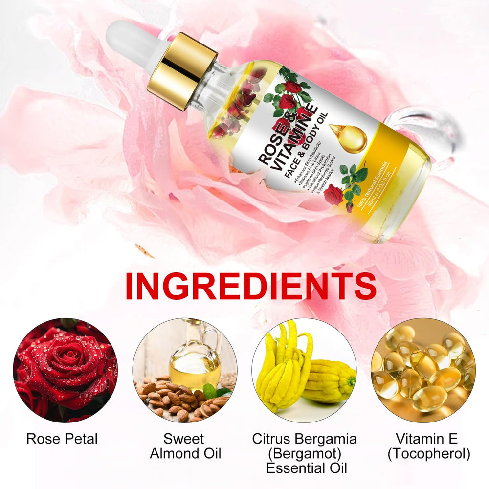Generic rose vitamin e texture drop closeup on skin, highlights fast absorption