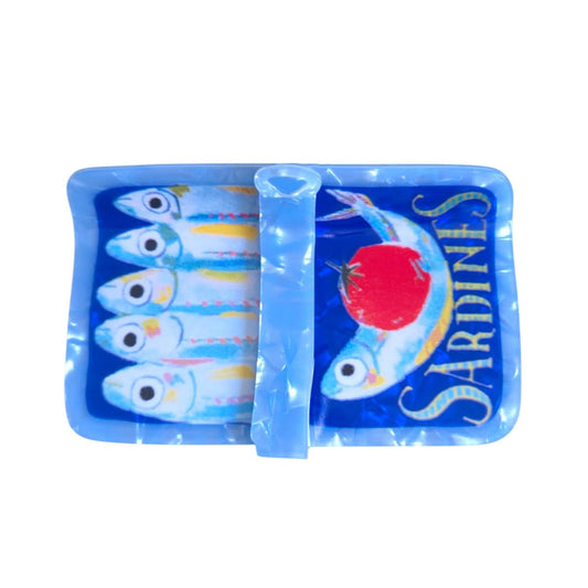 Generic sardine can clip front view showing playful blue design and secure hold