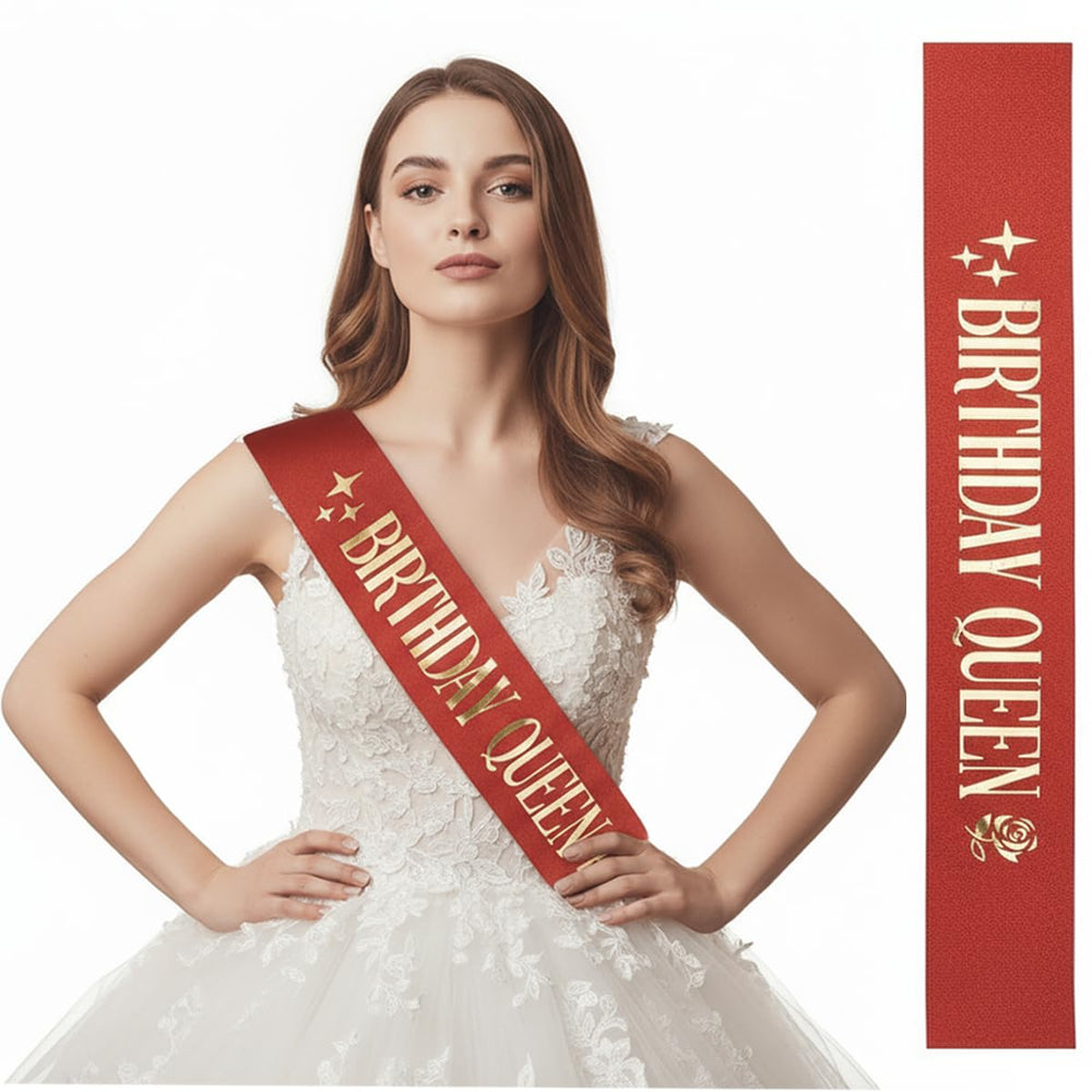Generic satin sash full length laid flat showing foil "Birthday Queen" letters and elegant finish
