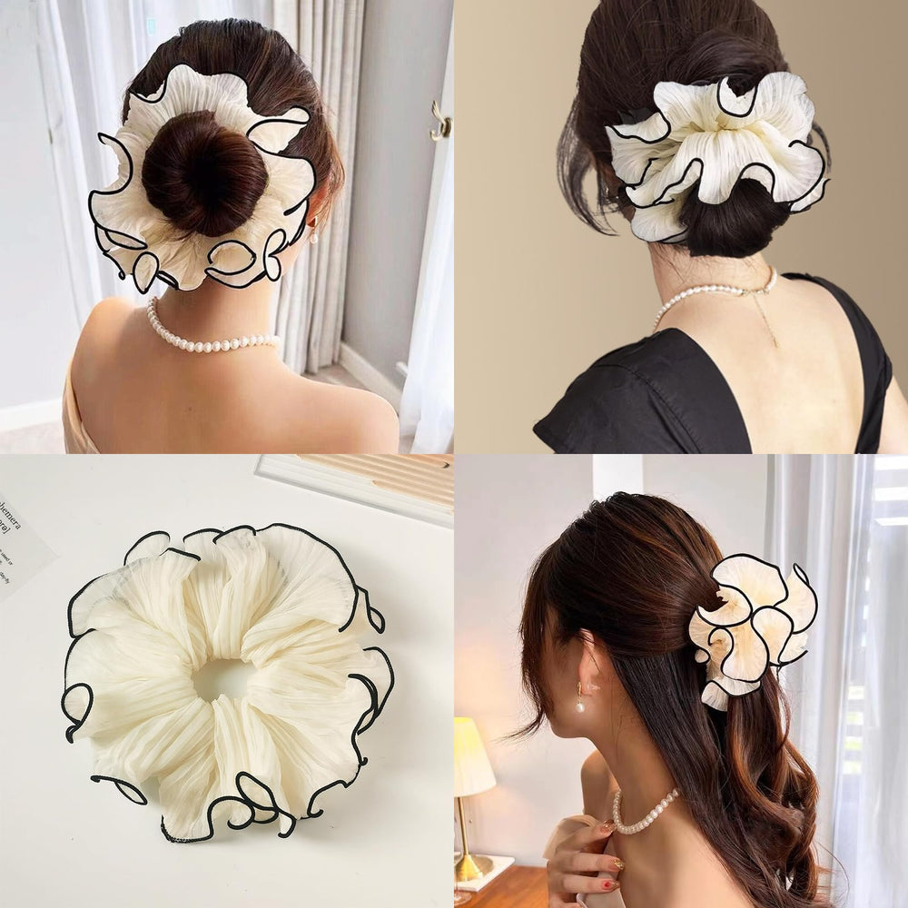 Generic scrunchies holding a high ponytail to show secure hold and volume benefit
