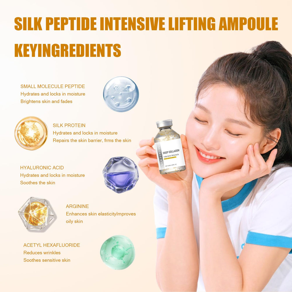 Generic silk peptide ampoule being dispensed from dropper, showing lightweight absorption benefit