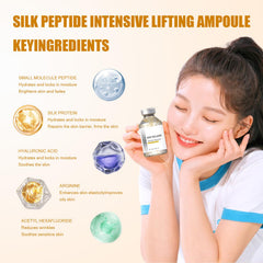 Generic silk peptide ampoule being dispensed from dropper, showing lightweight absorption benefit