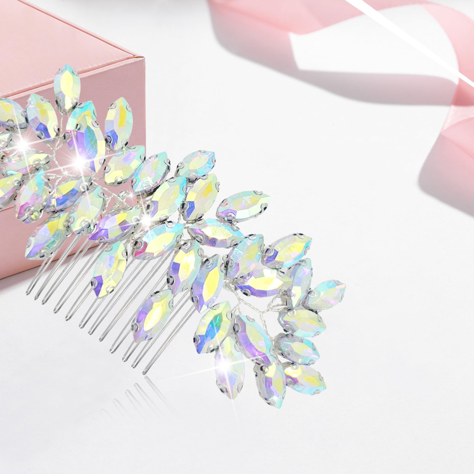 Generic brand comb positioned near veil edge to preserve veil and accent hair