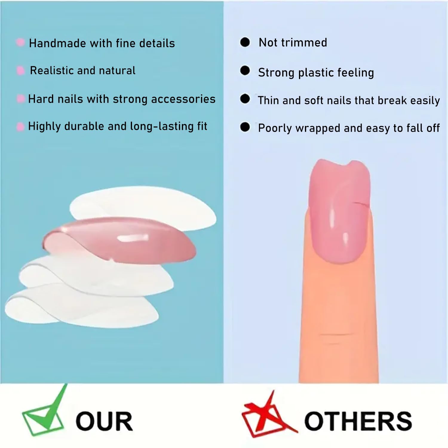 Generic nails next to ruler size comparison showing medium length and fit benefit