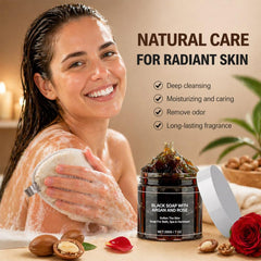 Generic soap and glove staged in shower showing how to use for at-home hammam