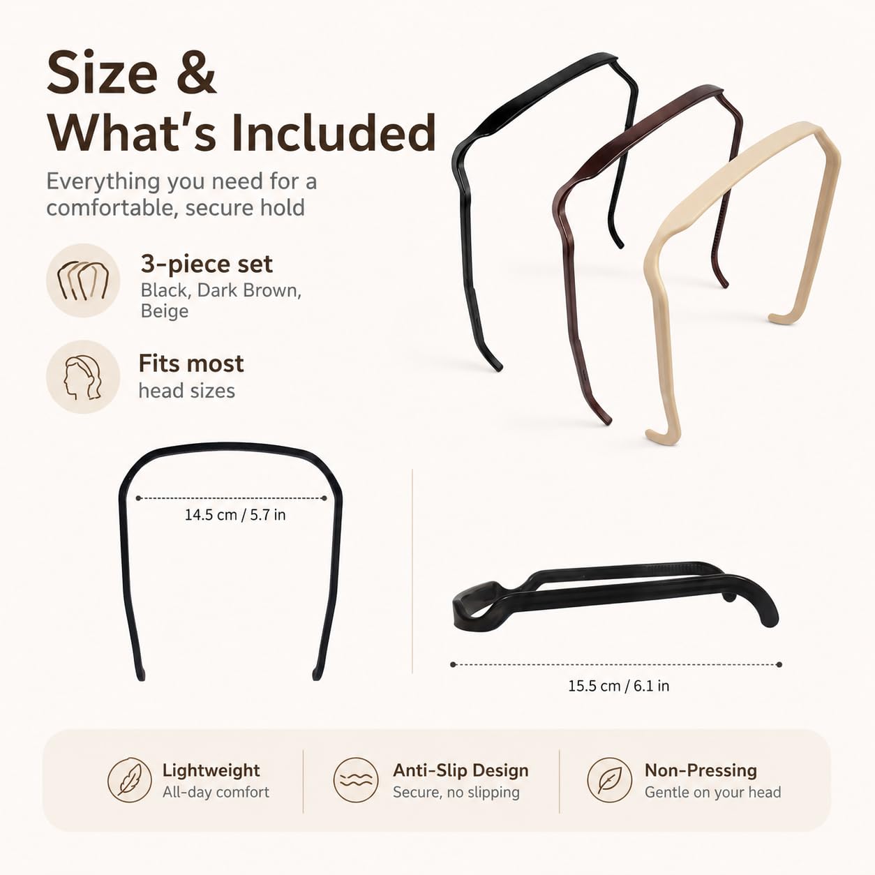 Generic headband pictured in curly hair styling to keep hair off face comfortably