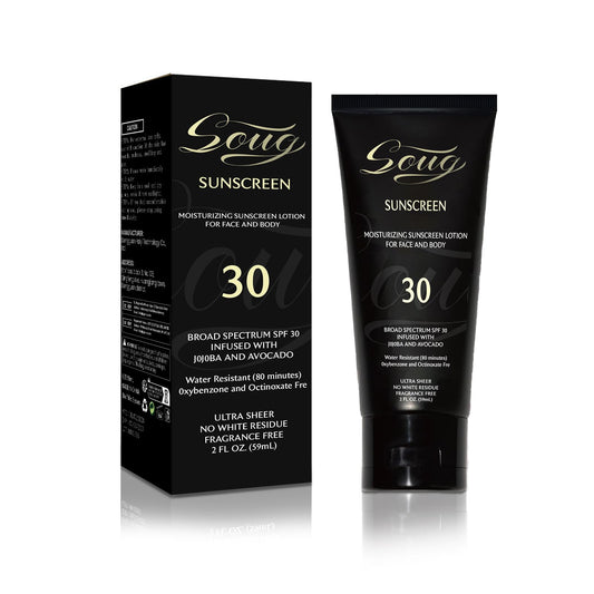 Generic sunscreen front packaging showing SPF 30 and travel size benefits