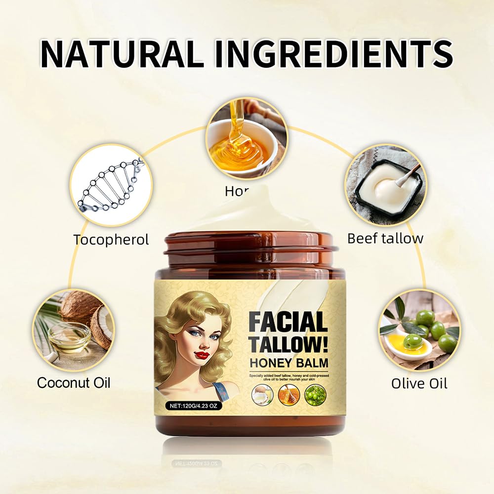 Generic display of tallow, honey, coconut ingredients highlighting natural nourishment benefit