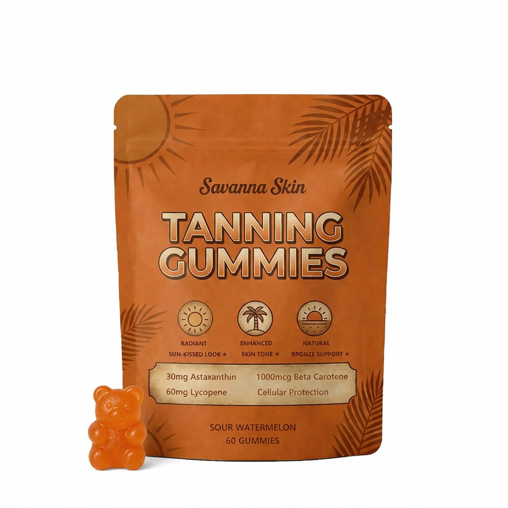 Generic tanning gummies front packaging shows compact 60-count convenience
