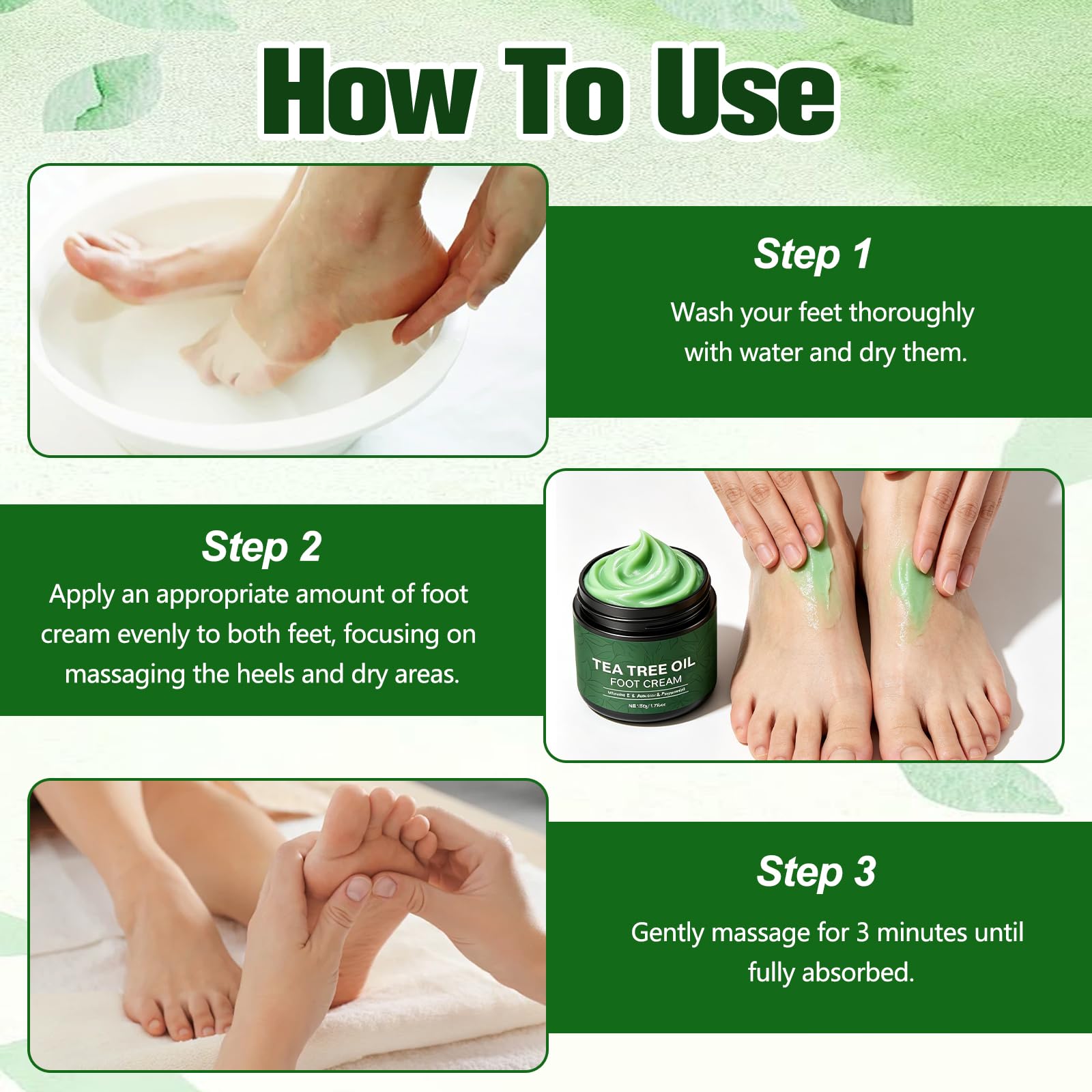 Generic tea tree foot cream with aloe, peppermint and vitamin E ingredients displayed