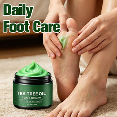 Generic tea tree foot cream on bathroom vanity indicating daily routine benefit