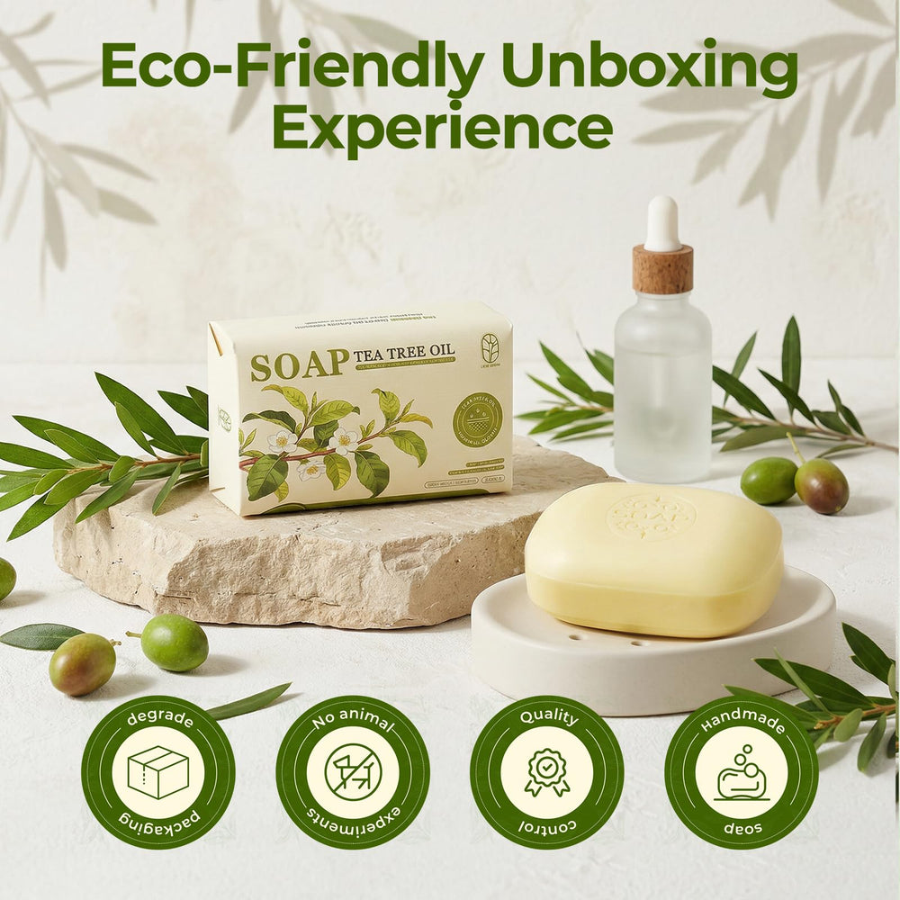 Generic tea tree soap on bathroom shelf in lifestyle scene promoting relaxing shower