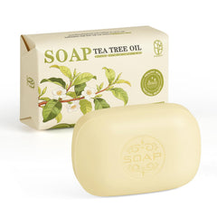 Generic tea tree soap front packaging showing clean minimal label and benefits