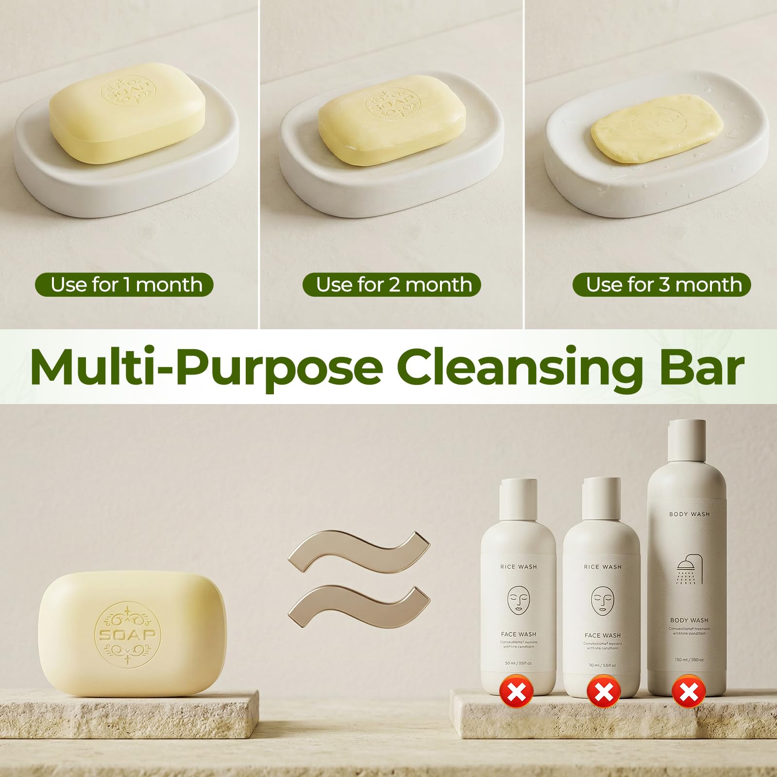 Generic tea tree soap next to a ruler showing bar size and long-lasting value