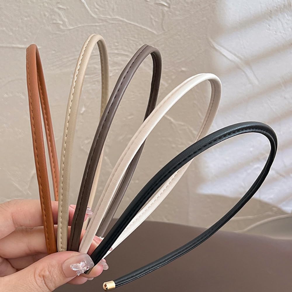 Generic thin leather headbands front packaging showing five neutral colors and tidy presentation