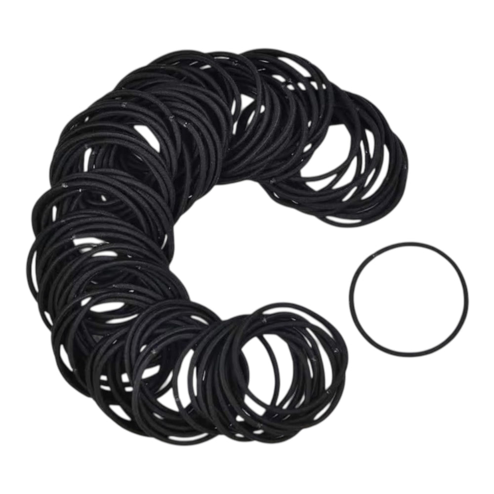 Generic hair ties spread on bathroom vanity, convenient everyday access