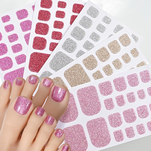Generic toe full nail wraps front packaging showing five glitter colors and convenience